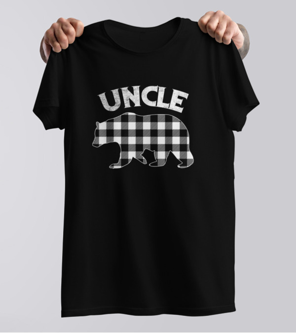 UNCLE Black And White Buffalo Plaid Bear Mens T-Shirt