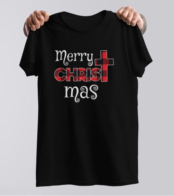 Merry Christmas Christian Buffalo Plaid Cross T-Shirt