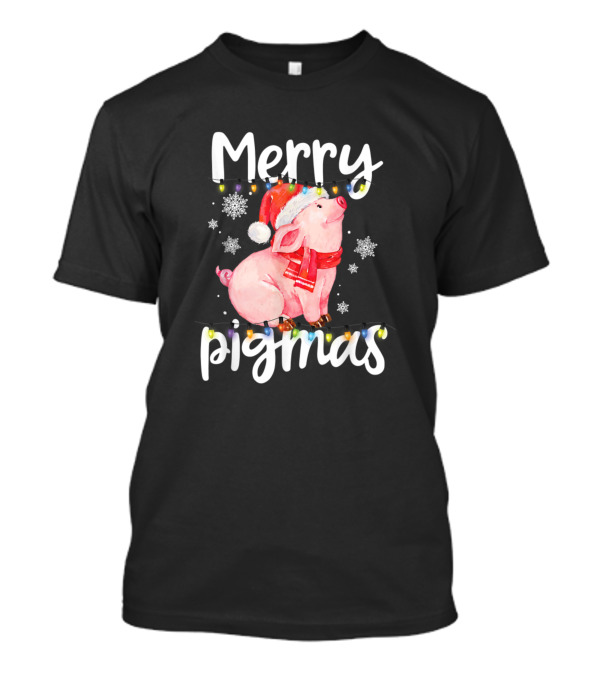 Merry Pigmas Funny Pig With Santa Hat And Snowflakes T-Shirt