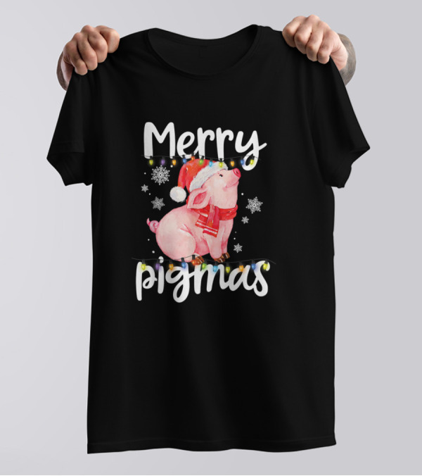 Merry Pigmas Funny Pig With Santa Hat And Snowflakes T-Shirt