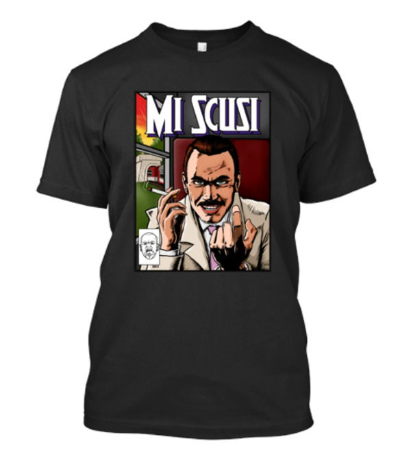 Mi Scusi Comic Style Smoking Man Graphic With Red And Green Background T-Shirt