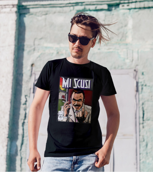 Mi Scusi Comic Style Smoking Man Graphic With Red And Green Background T-Shirt
