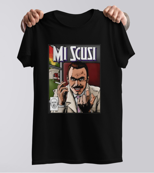 Mi Scusi Comic Style Smoking Man Graphic With Red And Green Background T-Shirt