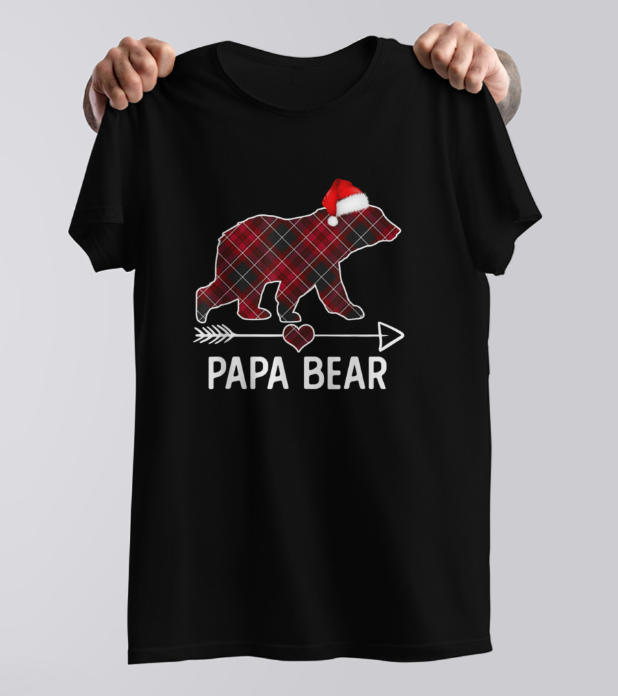 Papa Bear Christmas Red Plaid Buffalo Santa Hat Arrow Heart T-Shirt
