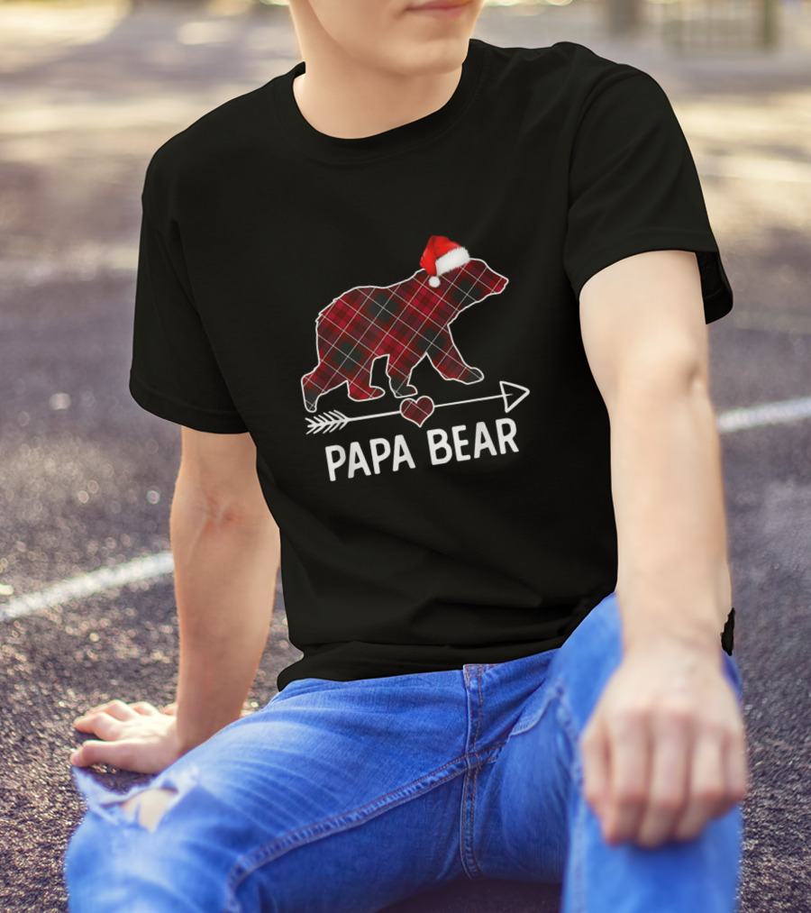 Papa Bear Christmas Red Plaid Buffalo Santa Hat Arrow Heart T-Shirt