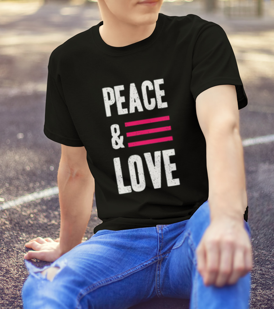 Peace And Love Bold Text With Pink Stripes T-Shirt