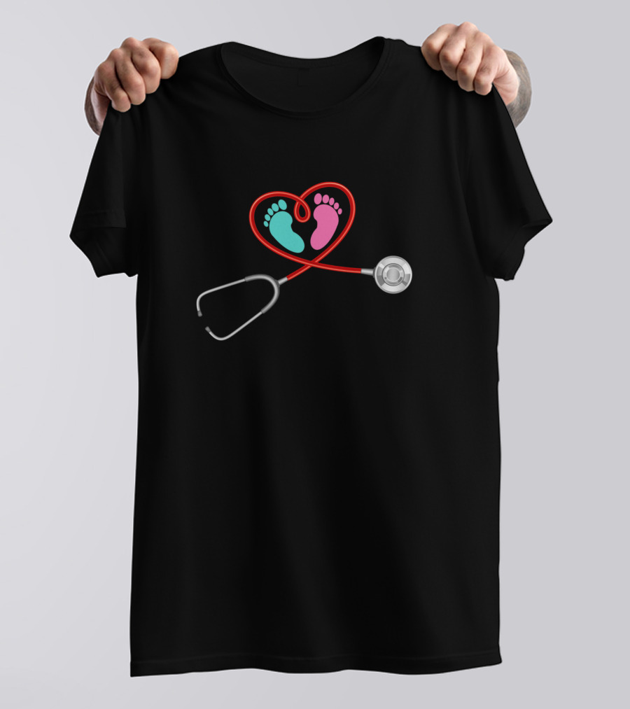 Pediatric Ob NICU Nurse Heart Stethoscope Baby Feet T-Shirt