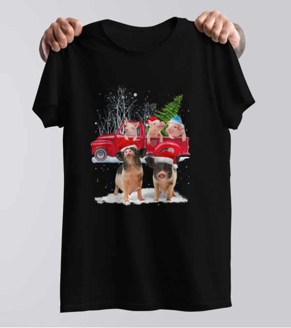 Merry Christmas Pigs Riding Red Truck In Winter Wonderland T-Shirt