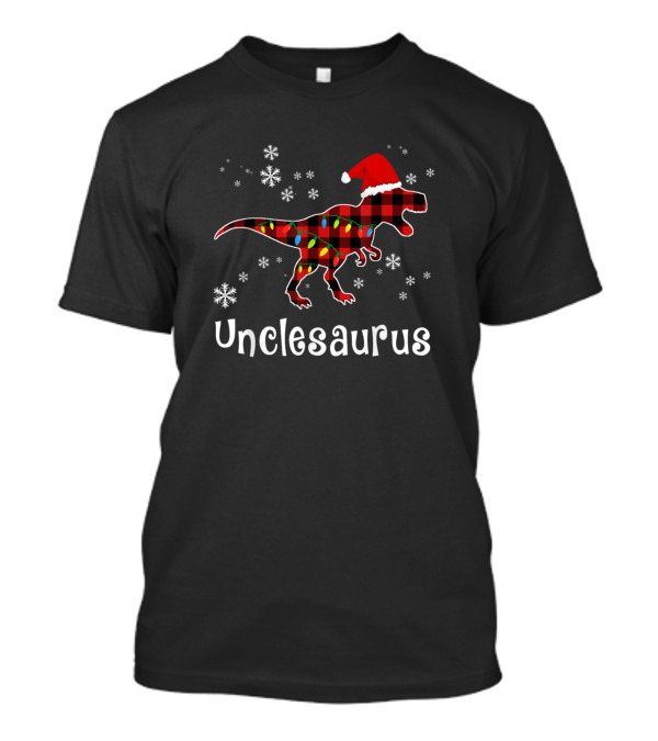 Red Plaid Unclesaurus Santa Hat Christmas Lights Snowflakes T-Shirt