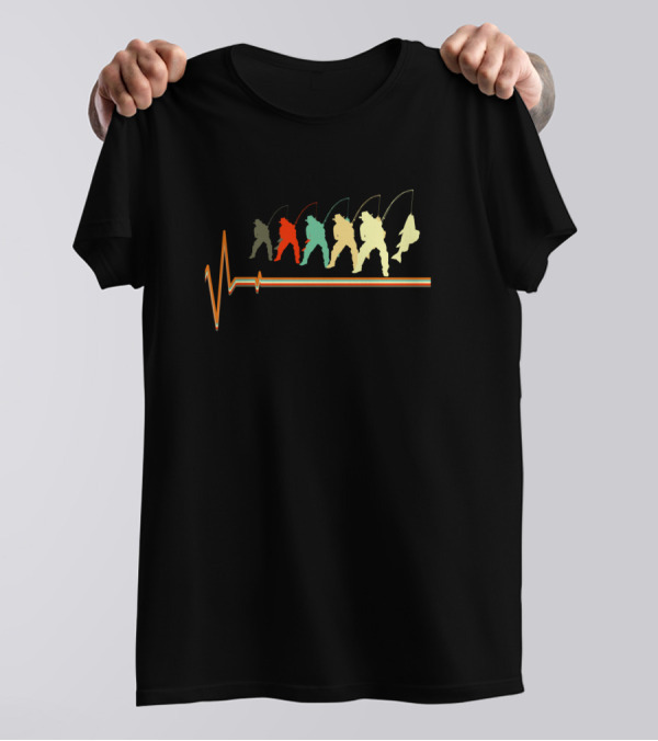 Retro Vintage Heartbeat Fishing Love With Angler T-Shirt