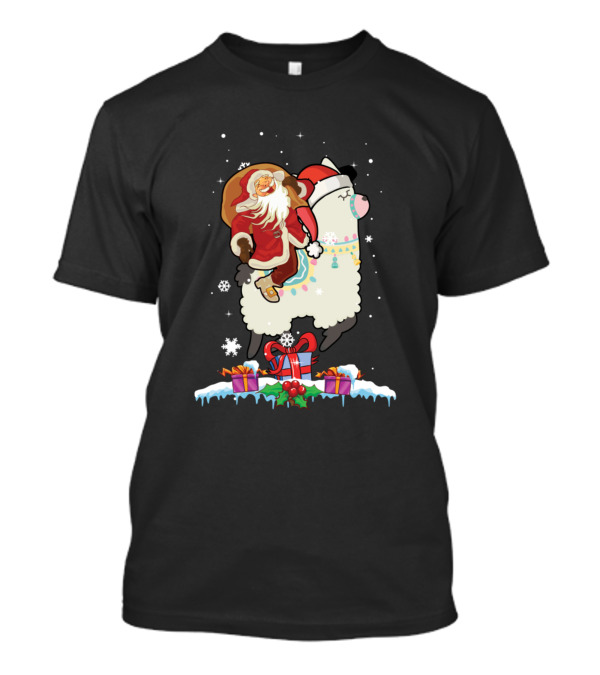 Santa Claus Riding Llama With Snowflakes And Presents T-Shirt