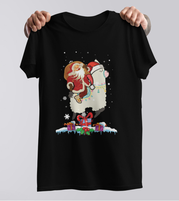 Santa Claus Riding Llama With Snowflakes And Presents T-Shirt