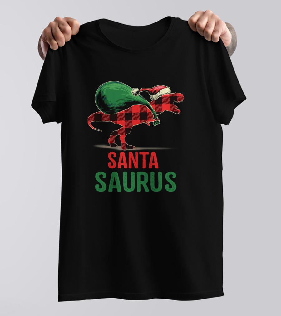 Santa Saurus Plaid Christmas Dinosaur T-Shirt