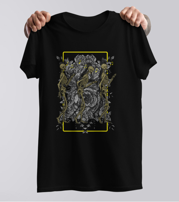 Skull Skeleton Trio Walking With Music Notes And Roses T-Shirt