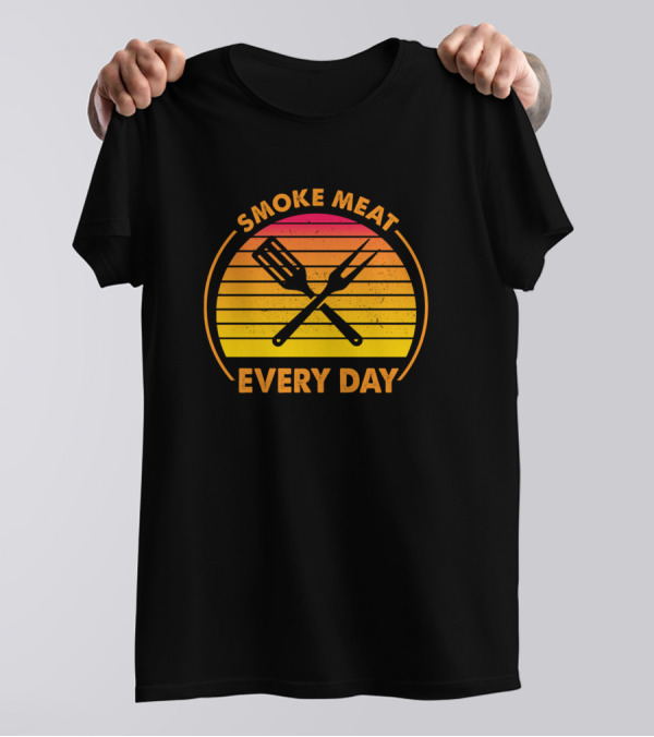 Smoke Meat Every Day Retro Sunset BBQ Fork And Spatula T-Shirt