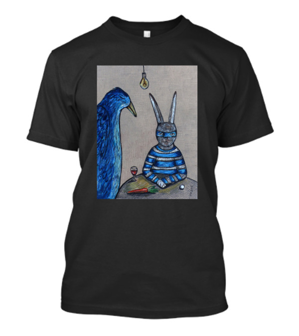 Blue Bird And Masked Rabbit Under Lightbulb With Wine And Carrot T-Shirt