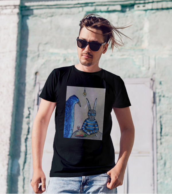 Blue Bird And Masked Rabbit Under Lightbulb With Wine And Carrot T-Shirt
