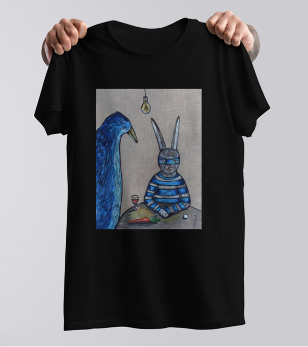 Blue Bird And Masked Rabbit Under Lightbulb With Wine And Carrot T-Shirt