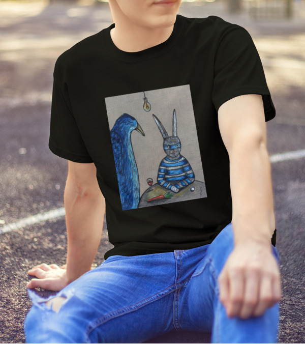 Blue Bird And Masked Rabbit Under Lightbulb With Wine And Carrot T-Shirt