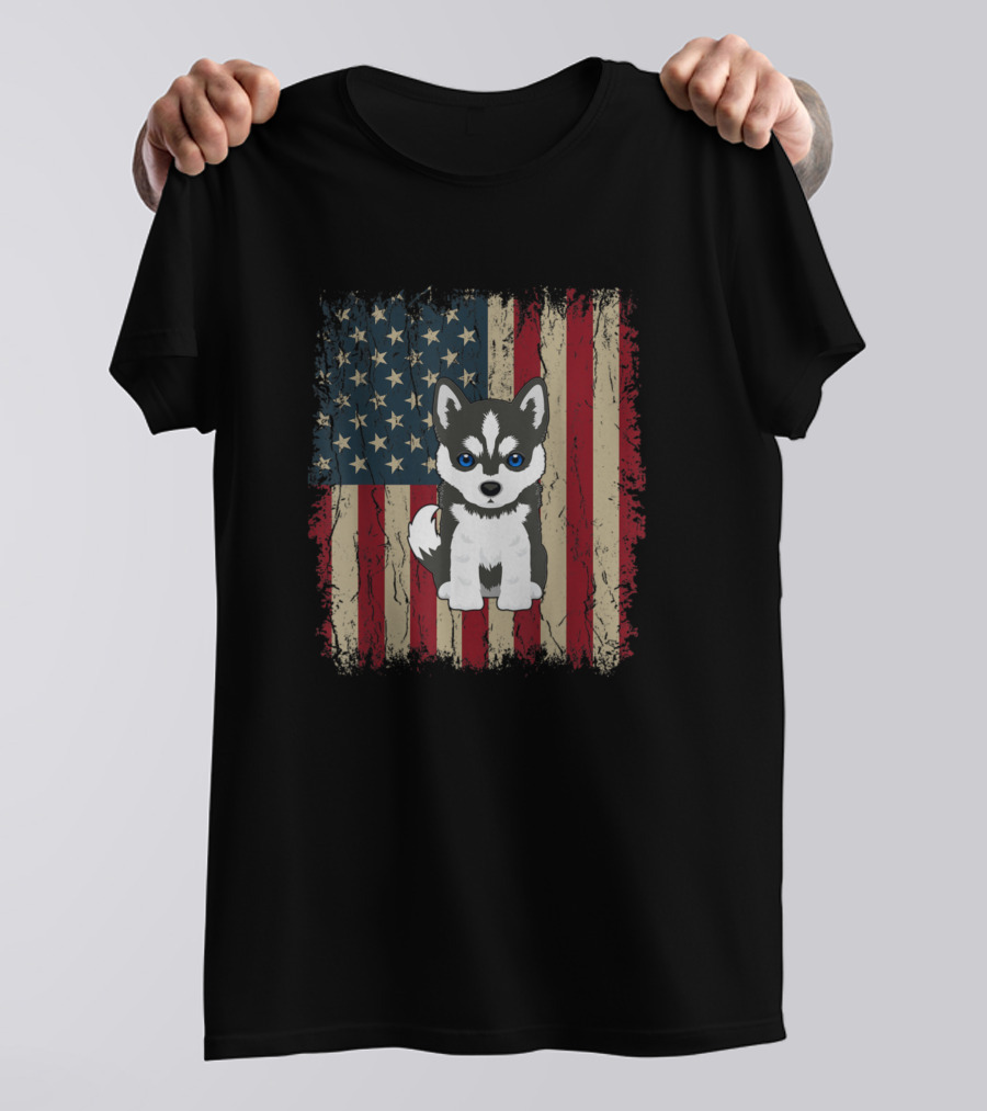 Vintage American Flag Siberian Husky Dog T-Shirt