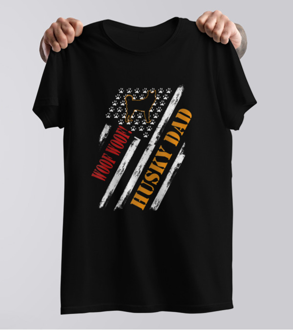 Woof Woof Husky Dad Vintage American Flag T-Shirt