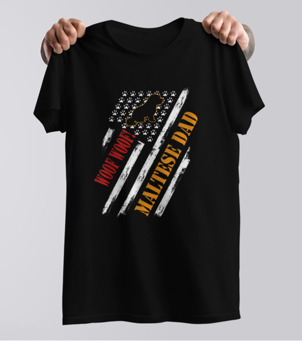 Woof Woof Maltese Dad Vintage American Flag T-Shirt