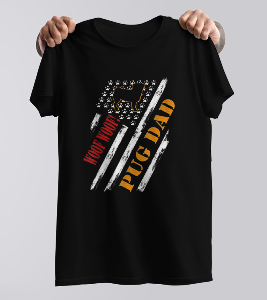 Vintage American Flag Pug Dad Woof Woof Paw Prints T-Shirt
