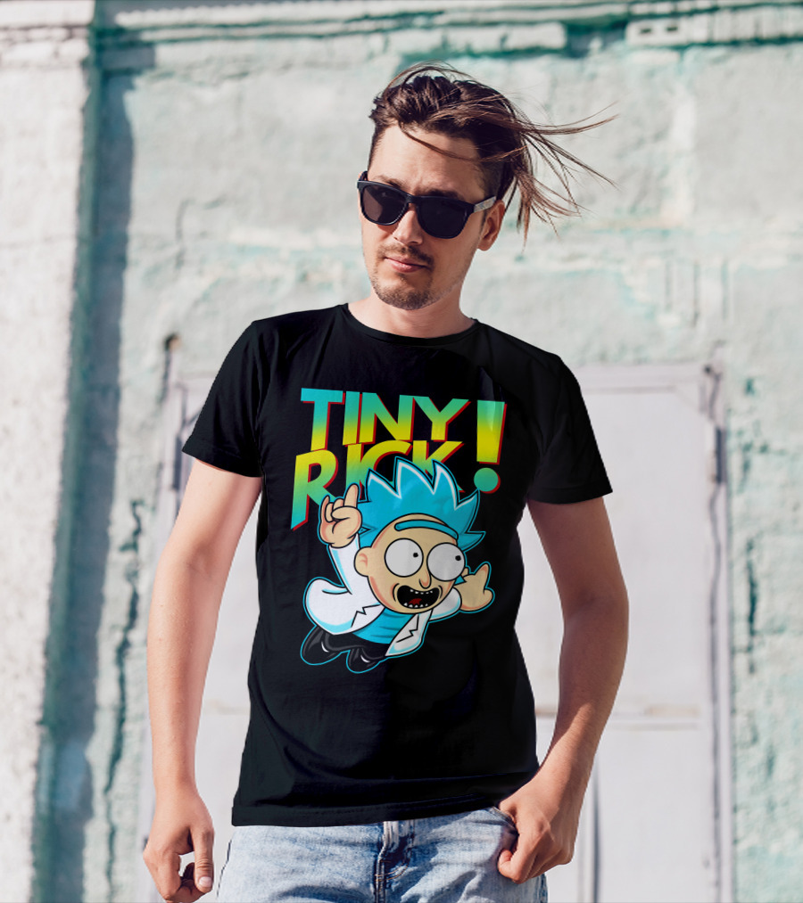 Tiny Rick Flying Character With Blue Hair And White Lab Coat T-Shirt