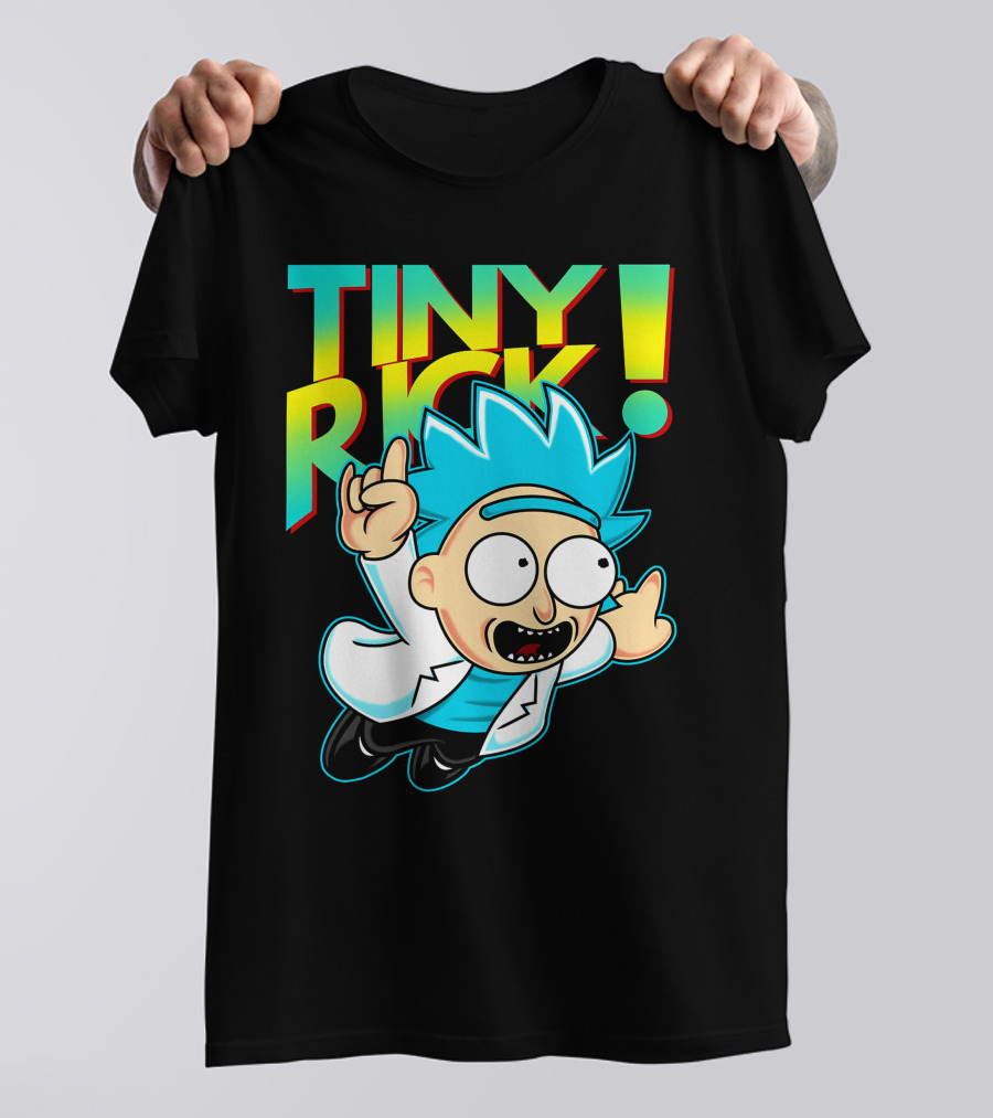 Tiny Rick Flying Character With Blue Hair And White Lab Coat T-Shirt