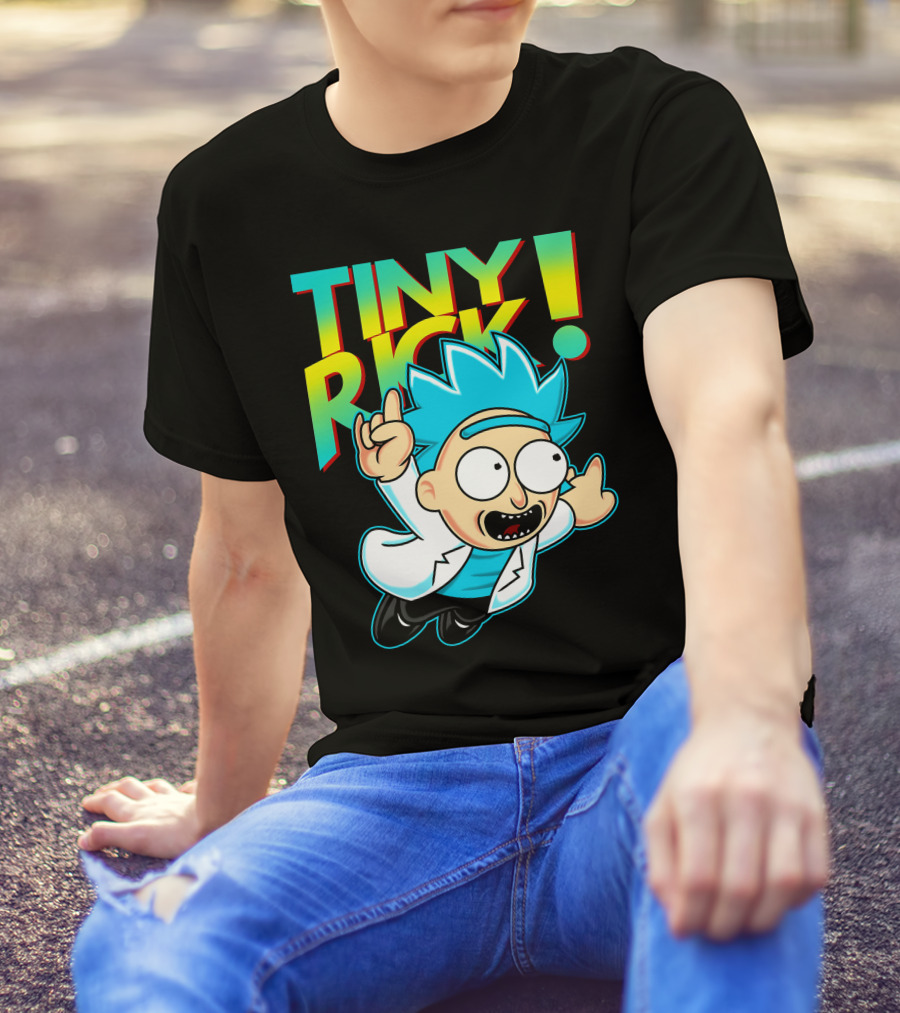 Tiny Rick Flying Character With Blue Hair And White Lab Coat T-Shirt