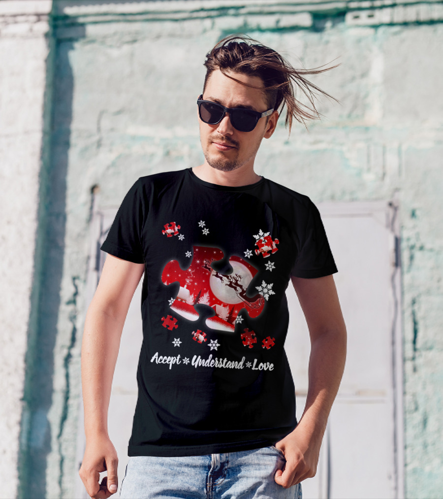 Accept Understand Love Autism Puzzle Christmas Snowflakes Santa Sleigh T-Shirt