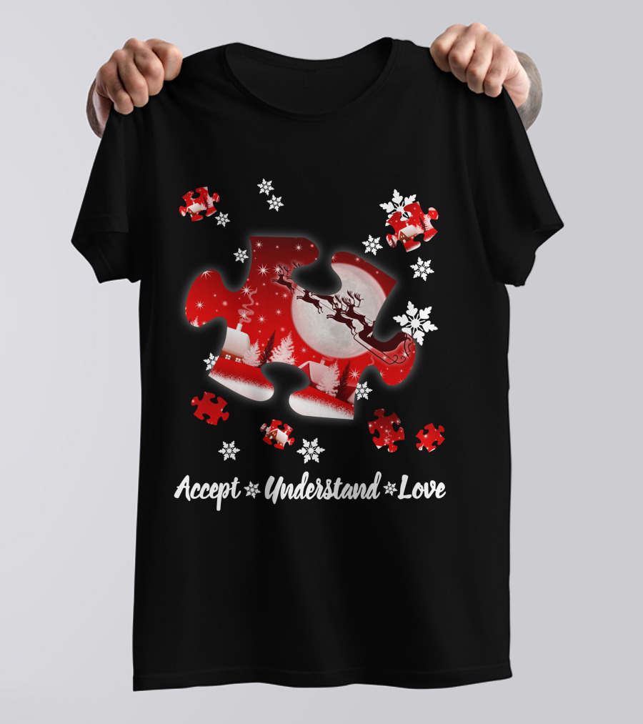 Accept Understand Love Autism Puzzle Christmas Snowflakes Santa Sleigh T-Shirt