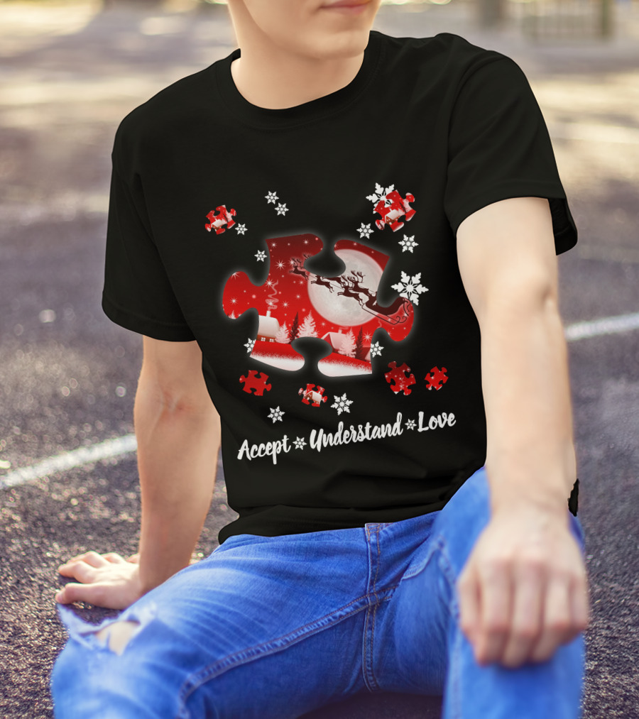 Accept Understand Love Autism Puzzle Christmas Snowflakes Santa Sleigh T-Shirt