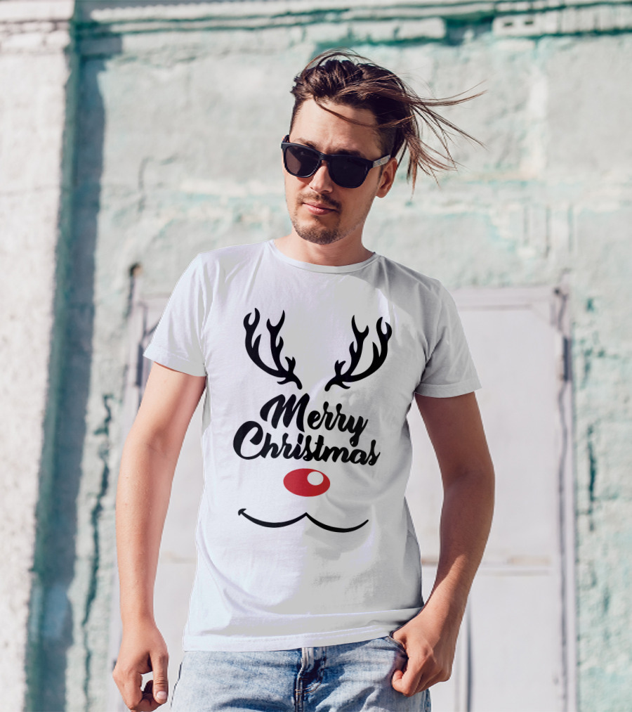 Merry Christmas Reindeer Antlers With Red Nose T-Shirt