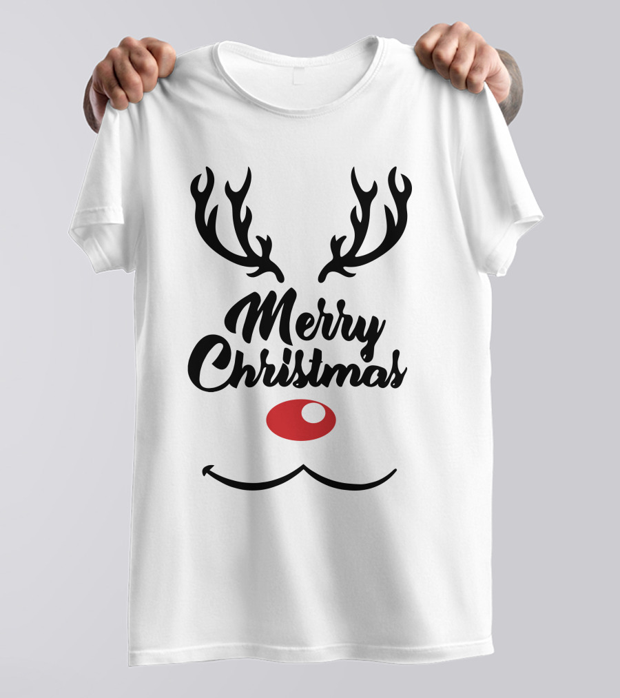 Merry Christmas Reindeer Antlers With Red Nose T-Shirt