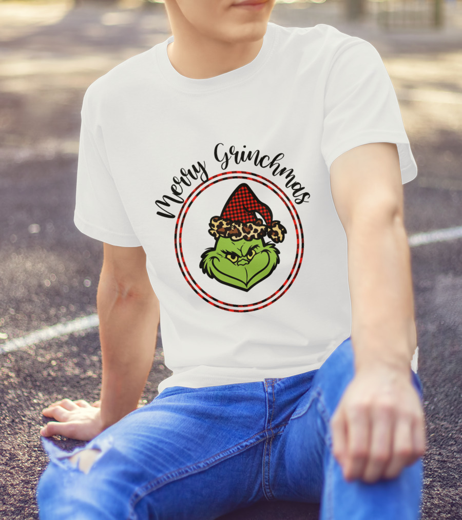 Merry Grinchmas Plaid Santa Hat Grinch Face T-Shirt