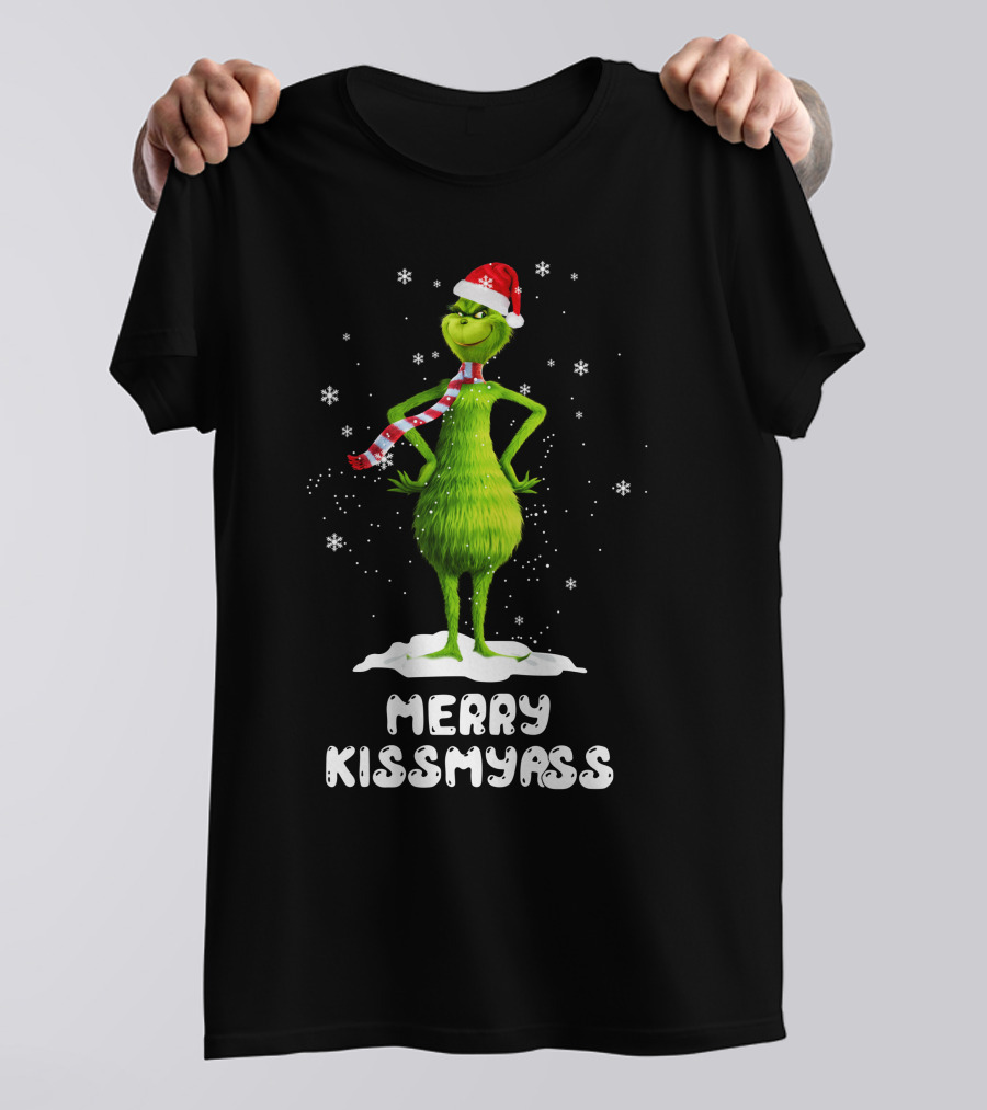 Merry KissMyAss Grinch Santa Hat Scarf Snowflakes T-Shirt