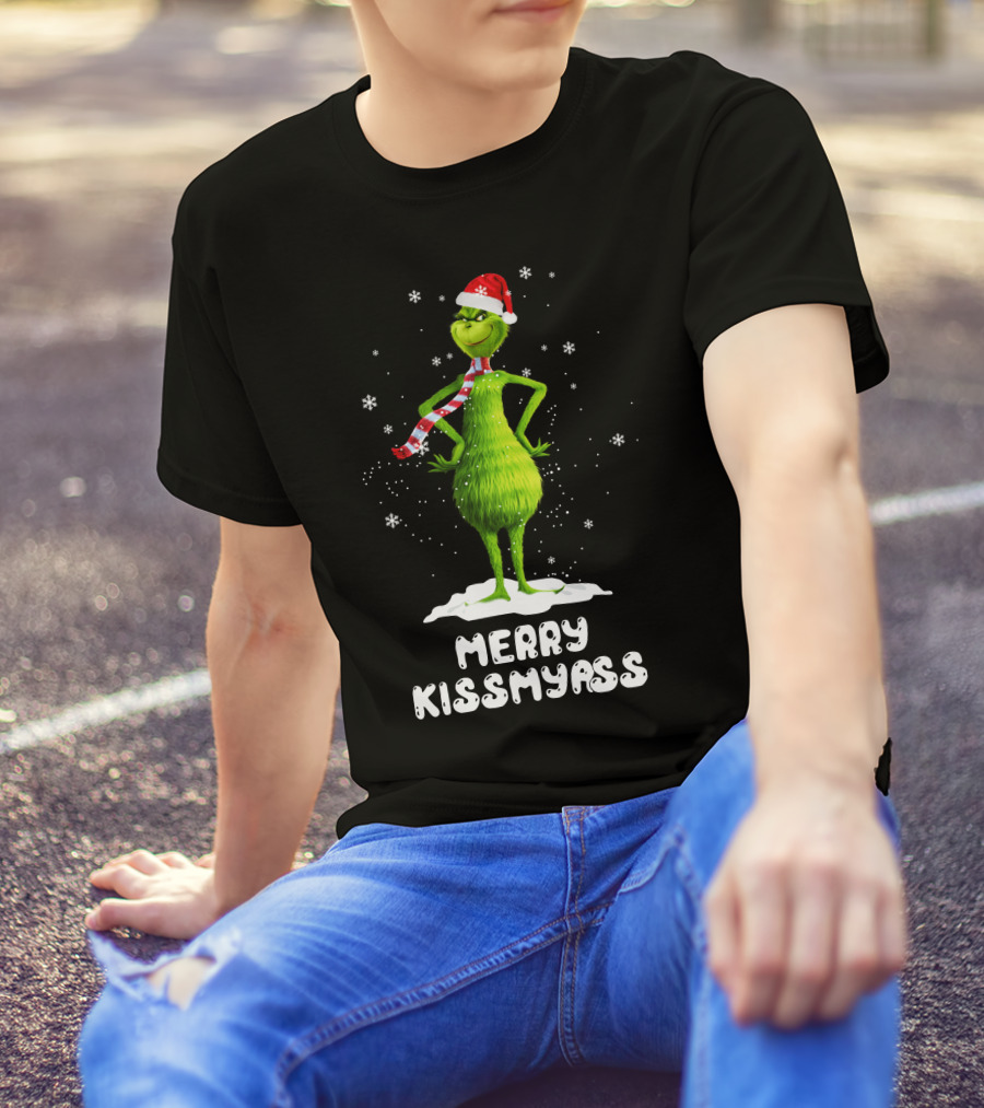 Merry KissMyAss Grinch Santa Hat Scarf Snowflakes T-Shirt