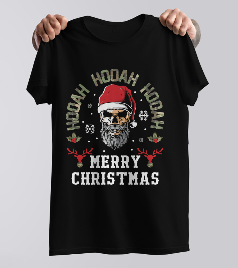 Hooah Hooah Hooah Merry Christmas Skull Santa Hat Reindeer T-Shirt
