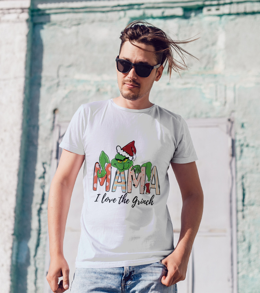 Mama I Love The Grinch Santa Hat Christmas Letters T-Shirt
