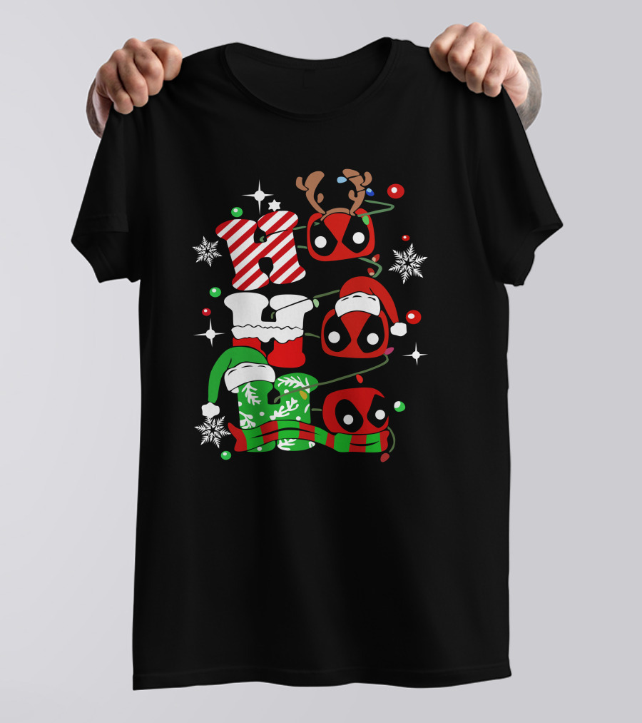Deadpool Ho Ho Ho Christmas Reindeer Antlers Santa Hat Snowflakes T-Shirt