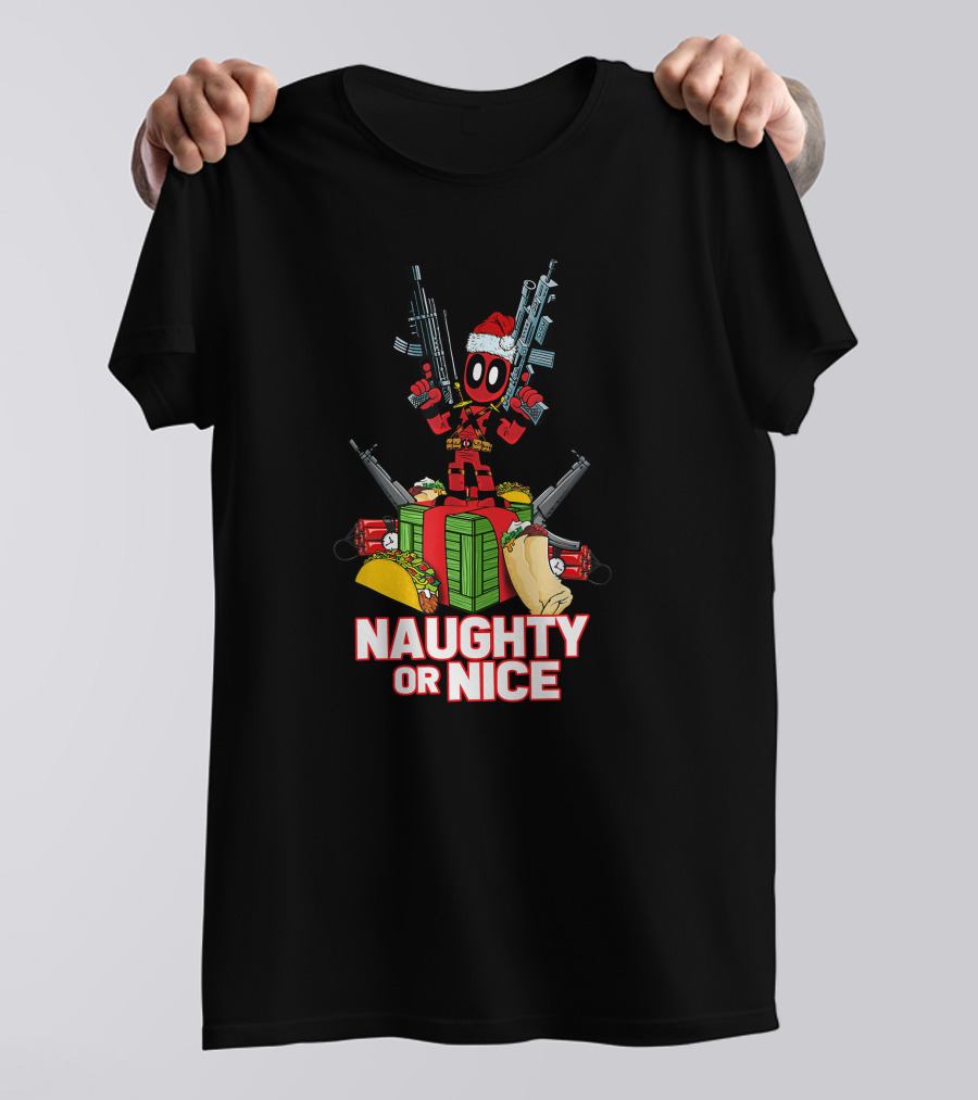 Naughty Or Nice Deadpool Christmas Guns Tacos Burritos T-Shirt
