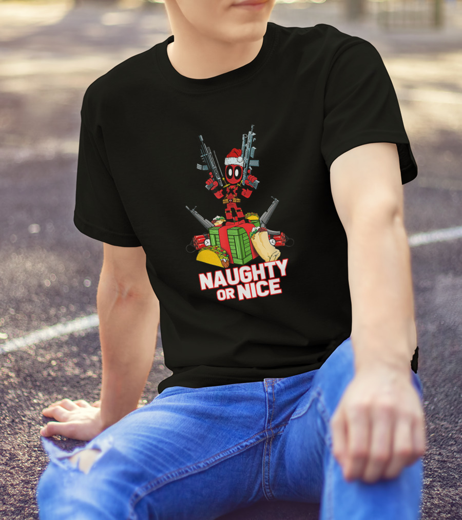 Naughty Or Nice Deadpool Christmas Guns Tacos Burritos T-Shirt