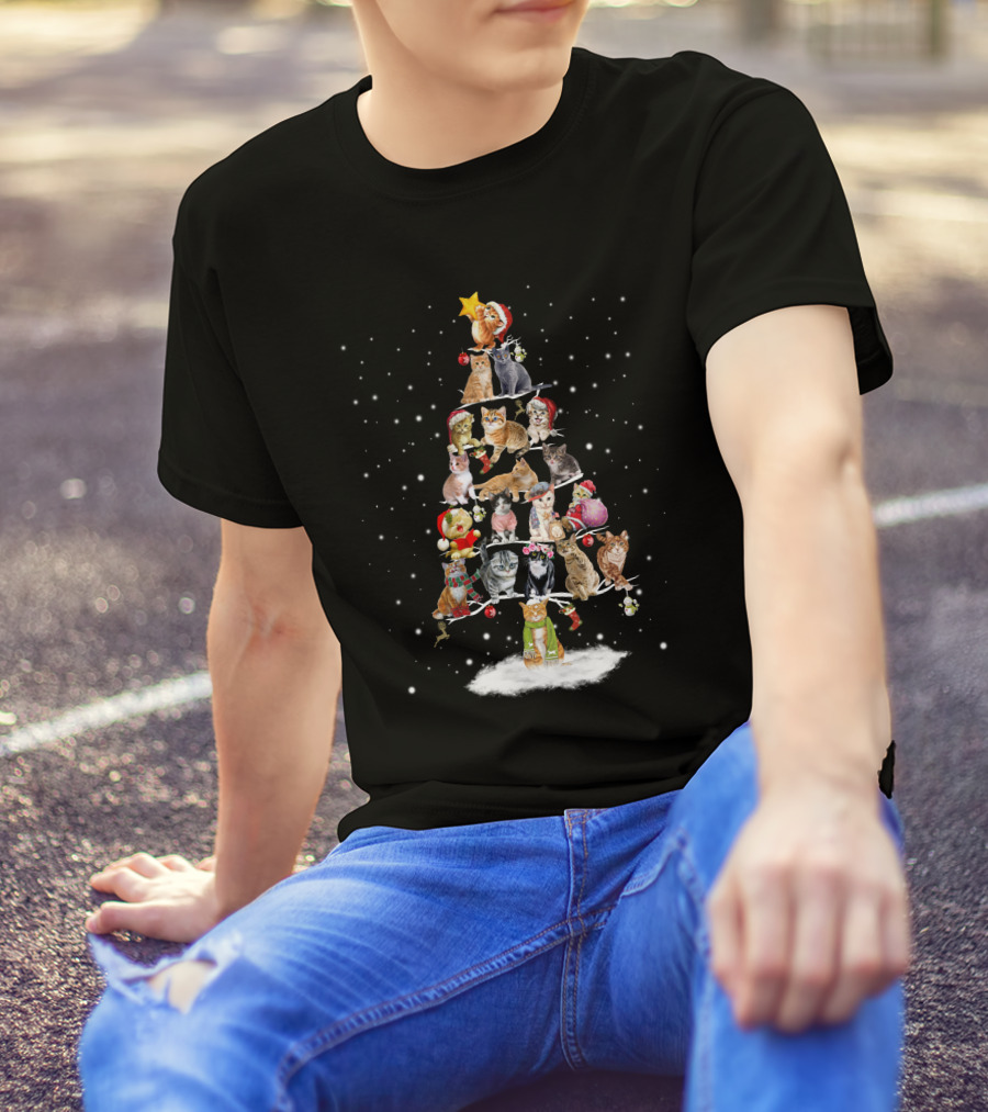 Cat Christmas Tree With Festive Cats And Holiday Ornaments T-Shirt