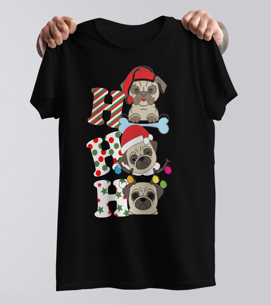 Ho Ho Ho Christmas Pug With Santa Hats And Holiday Lights T-Shirt