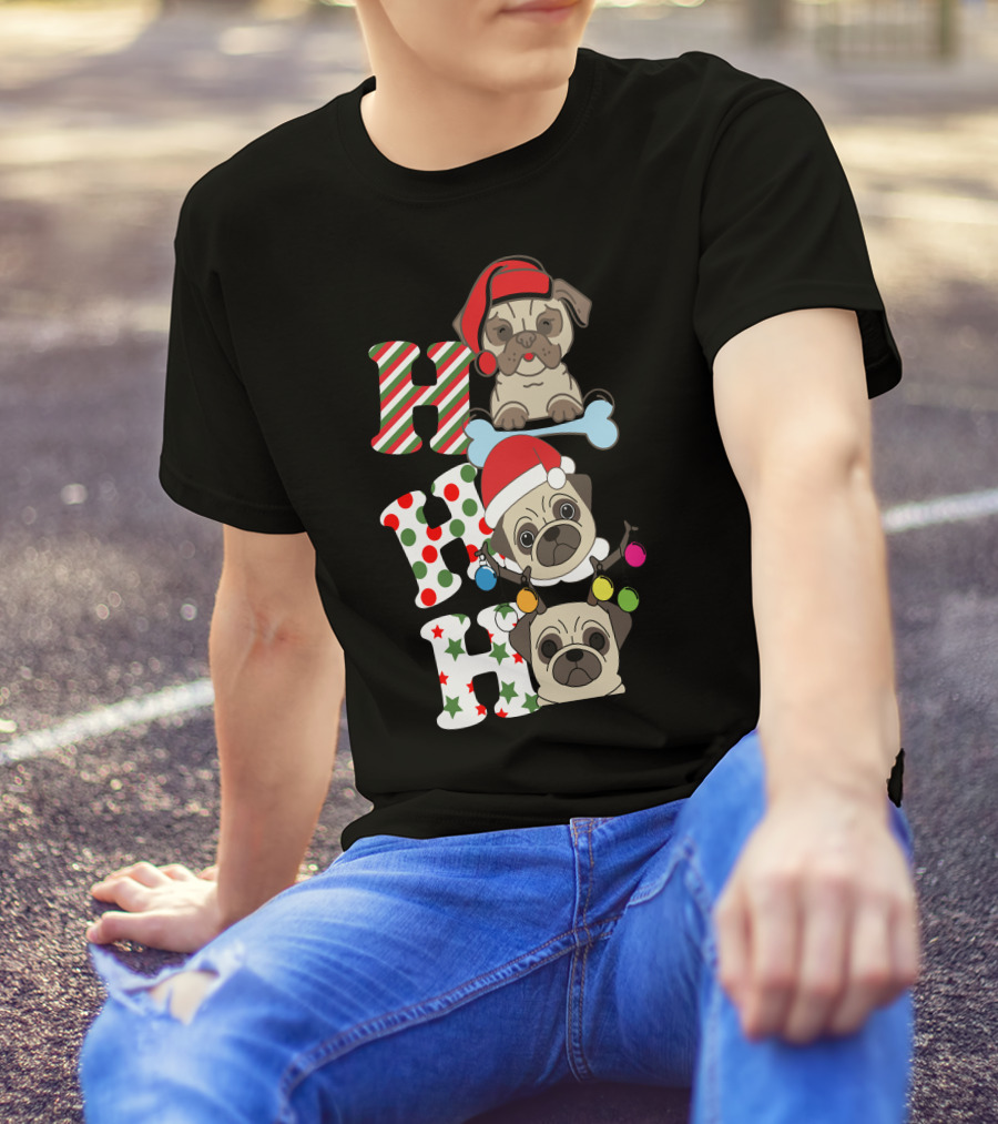 Ho Ho Ho Christmas Pug With Santa Hats And Holiday Lights T-Shirt