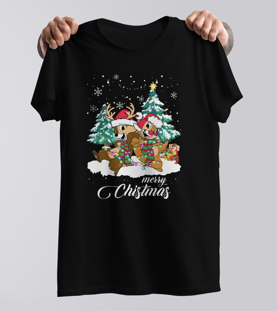 Merry Christmas Chip And Dale Holiday Cheer Reindeer Antlers Santa Hats Winter Wonderland T-Shirt
