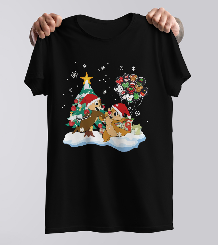 Chip And Dale Christmas Tree Santa Hats Snowflakes Balloons T-Shirt