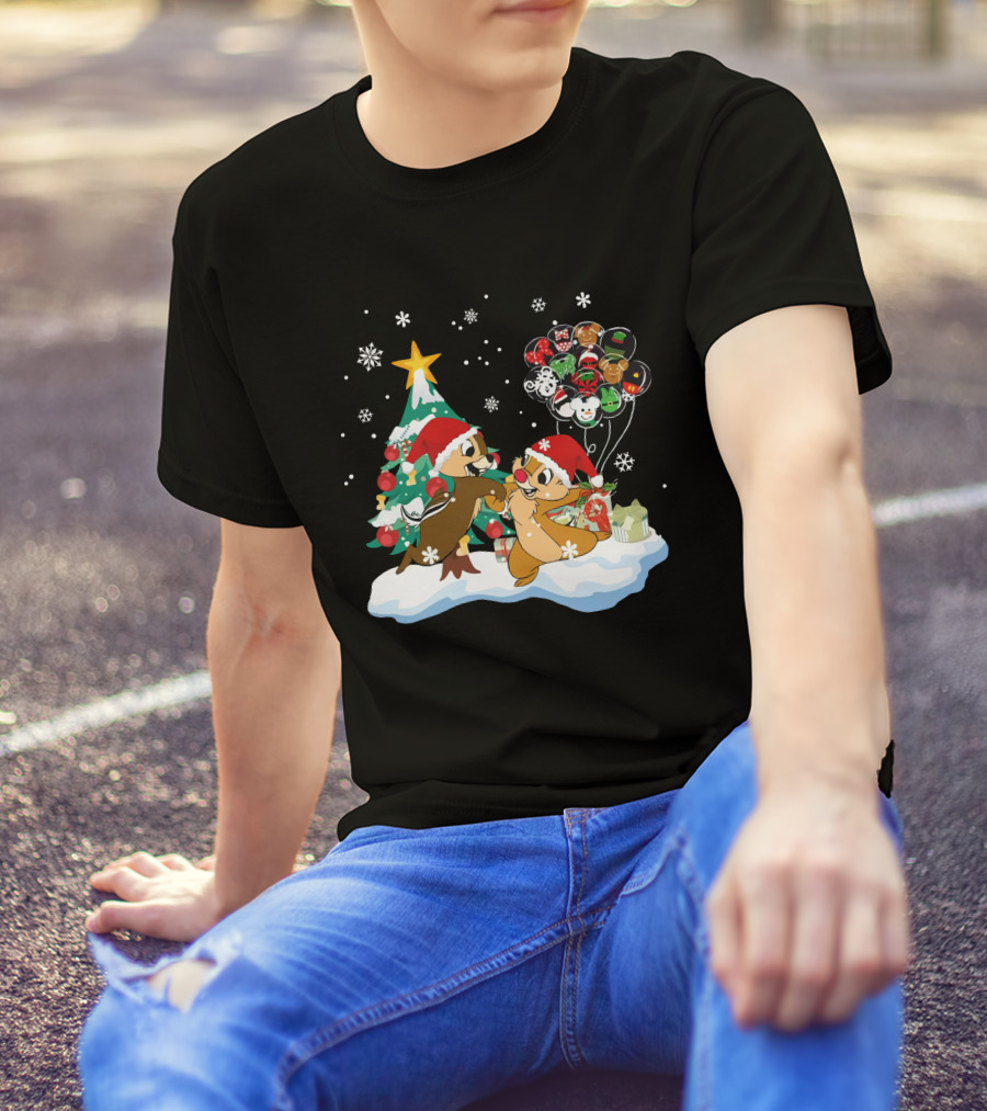 Chip And Dale Christmas Tree Santa Hats Snowflakes Balloons T-Shirt