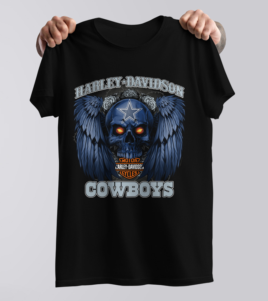 Harley Davidson Cycles Cowboys Skull With Wings And Star T-Shirt
